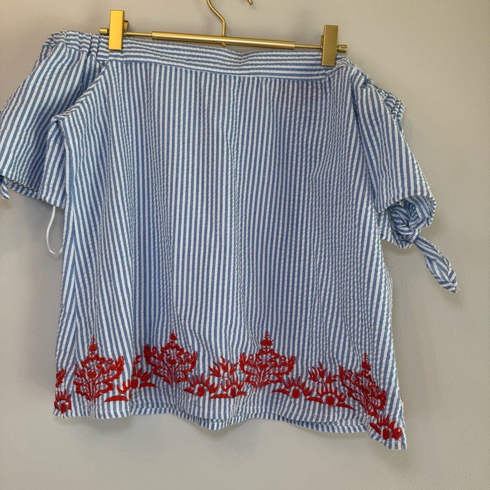 Macbeth Collection Blue and White Off-Shoulder Blouse with Tie Front‎